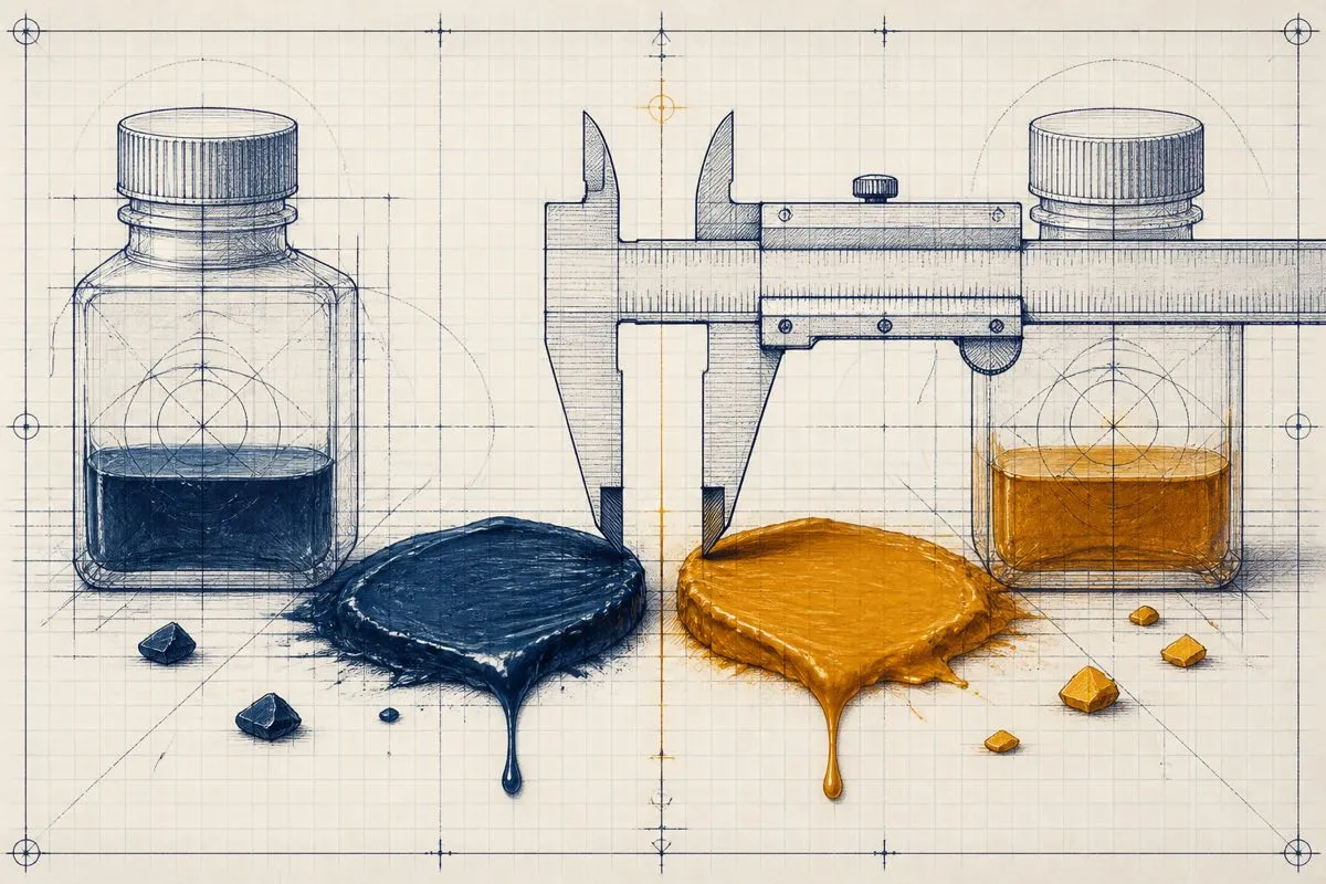 Two paint blobs face across a seam under a caliper with a bottle shape behind each.