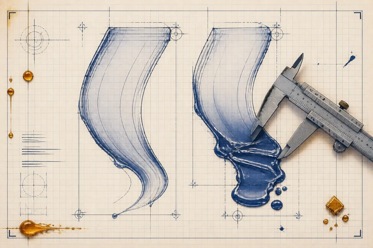 Two translucent strokes compare smooth flow against pooling under a caliper.