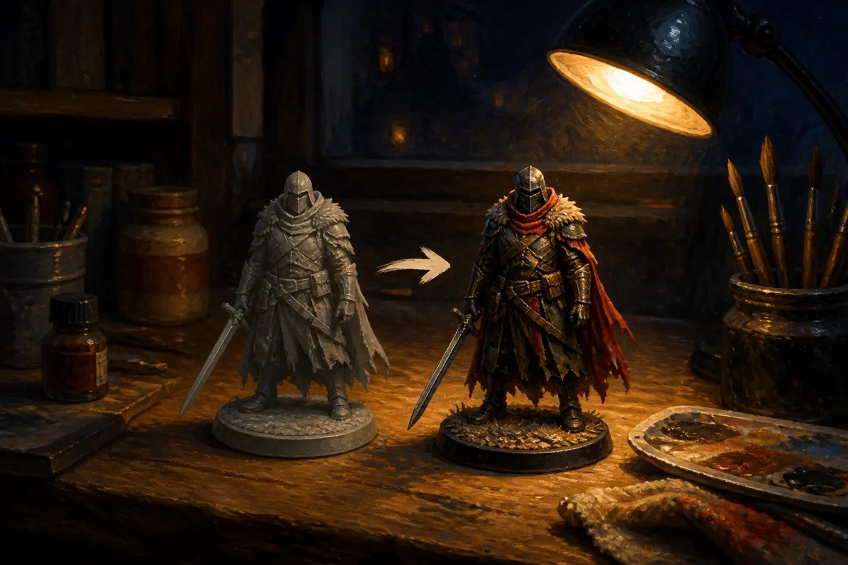 A bare grey figure and its finished twin sit side by side under lamp light with a progress arrow.