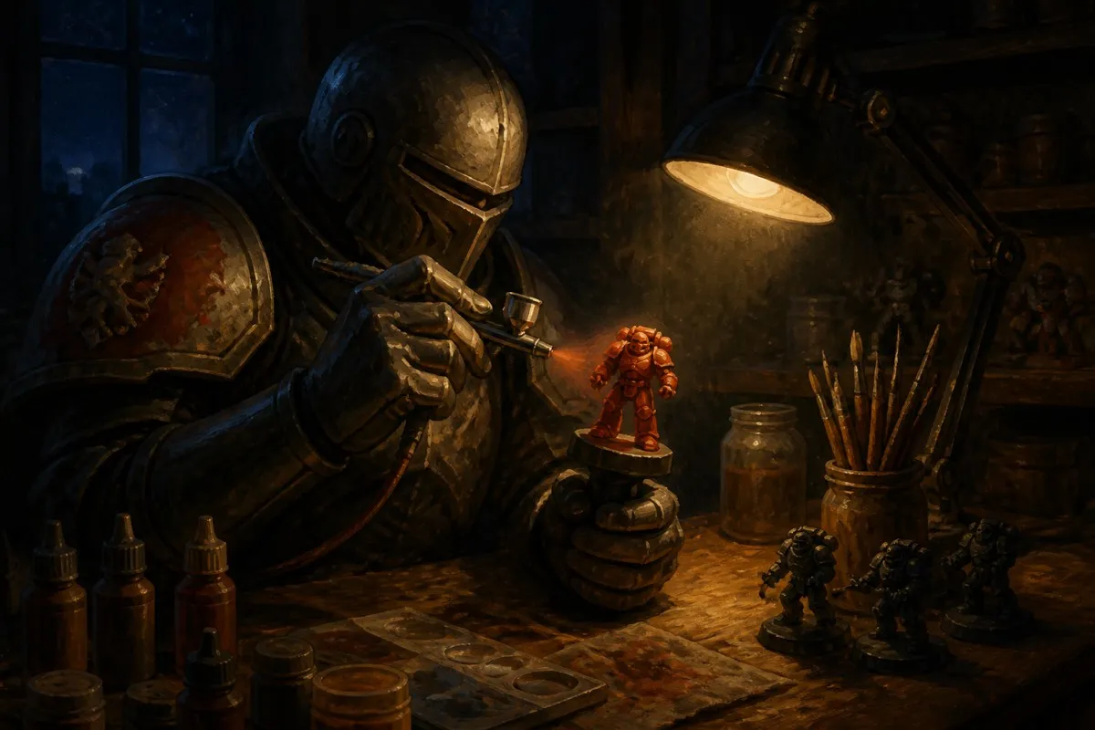An armored figure takes one translucent pass that lays its whole scheme at once under lamp light.