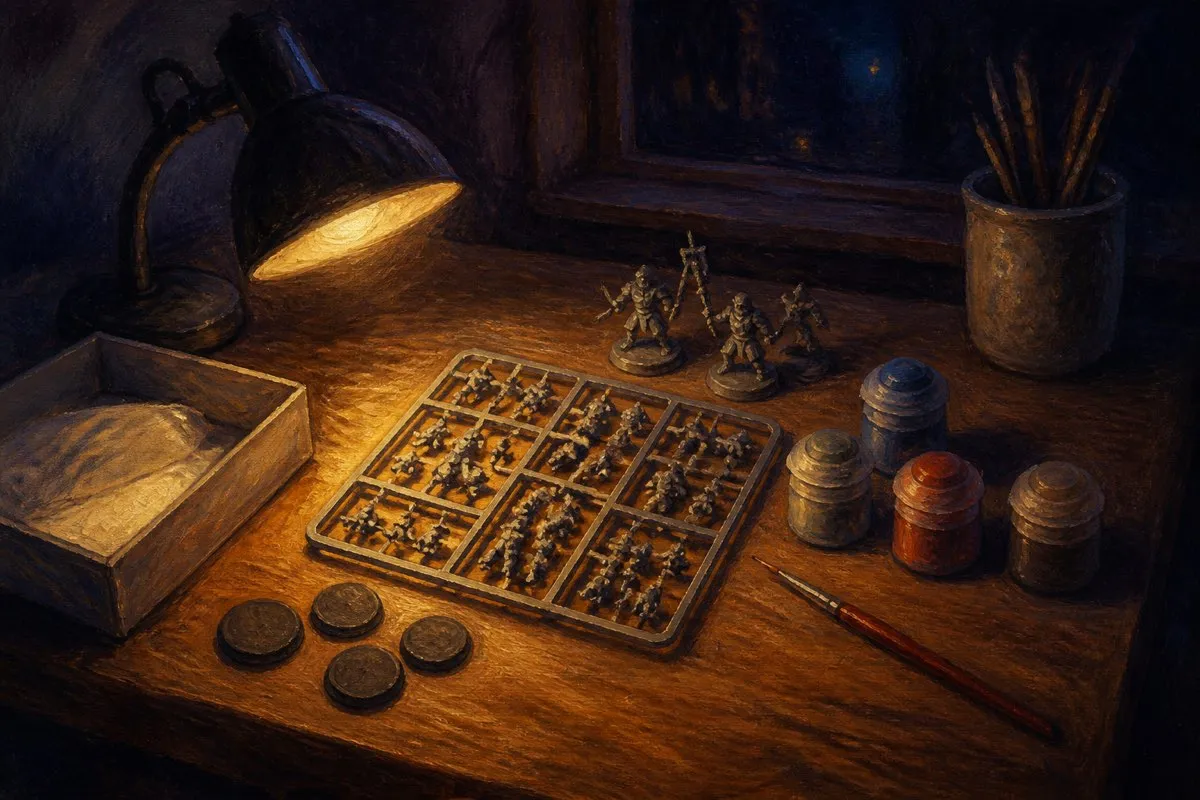 A figure sprue, a few pots and a brush lie arranged under a workbench lamp.