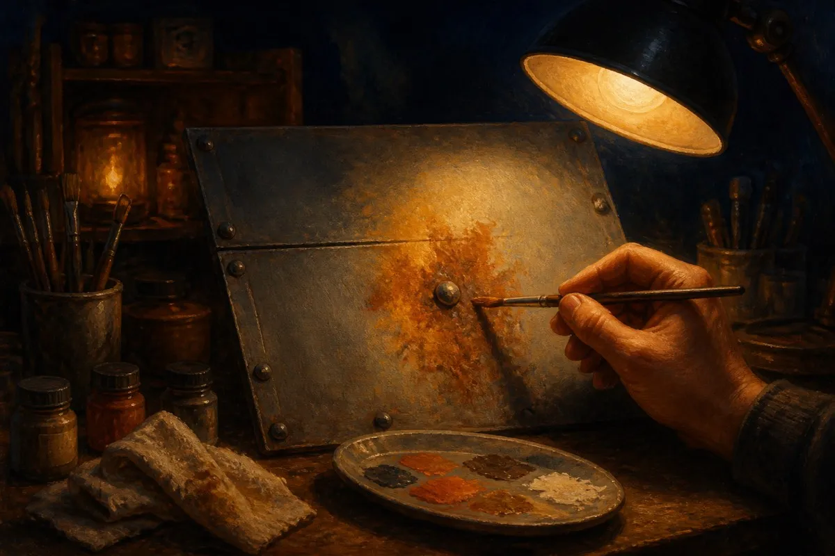 Orange and brown dabs build a corroded patch around a rivet under lamp light.