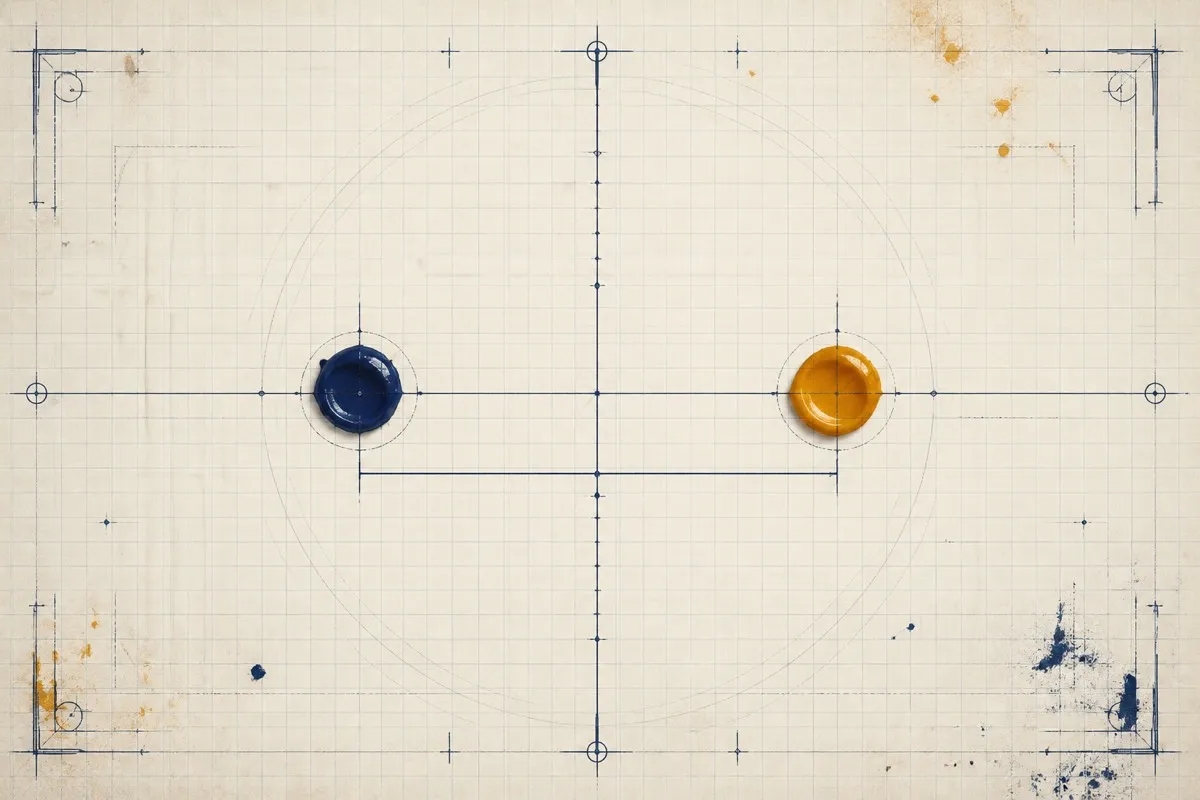 Two paint colors sit as plotted points with a short measured distance line.