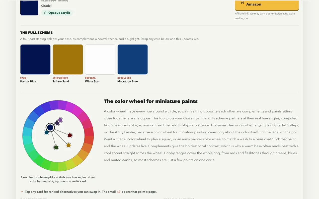 The color scheme builder showing a chosen paint with its complement, triad, analogous and highlight-and-shade swatches laid out as a full palette.