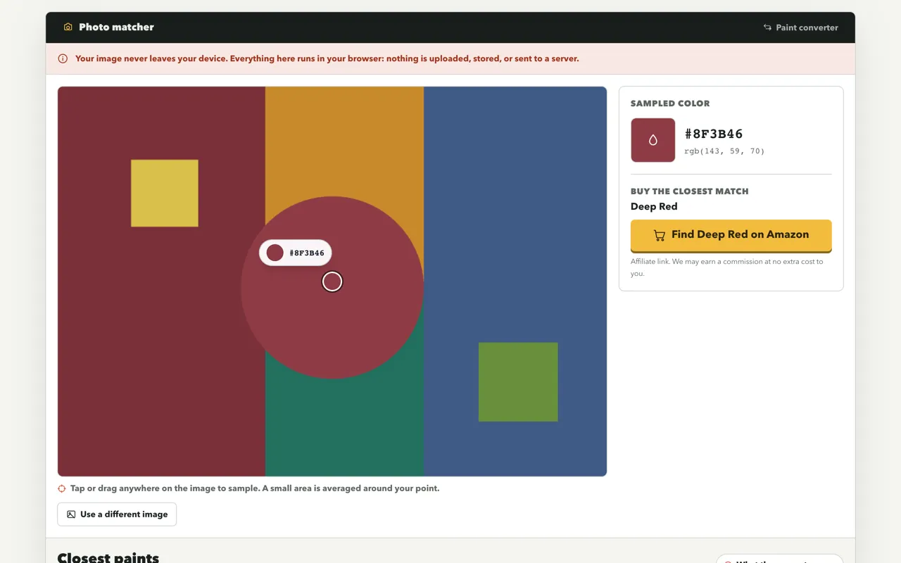The photo color matcher with a sample point picked on an image, the sampled color read out in hex, and the closest paints ranked beneath it.
